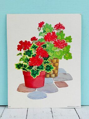 Vintage Mid Century Lithograph Print Red Geraniums in Pots, Red Flower Print